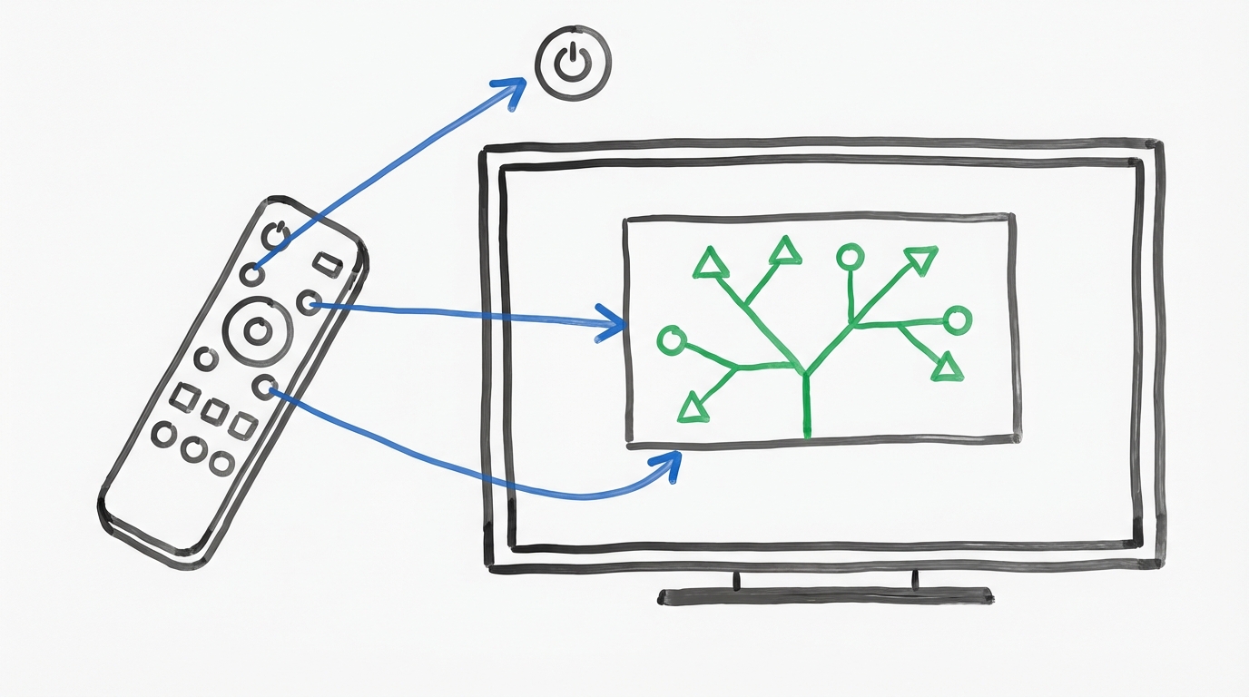 TV 리모컨으로 TV를 조작하는 비유를 통해 BOM의 브라우저 제어 방식을 설명하는 일러스트