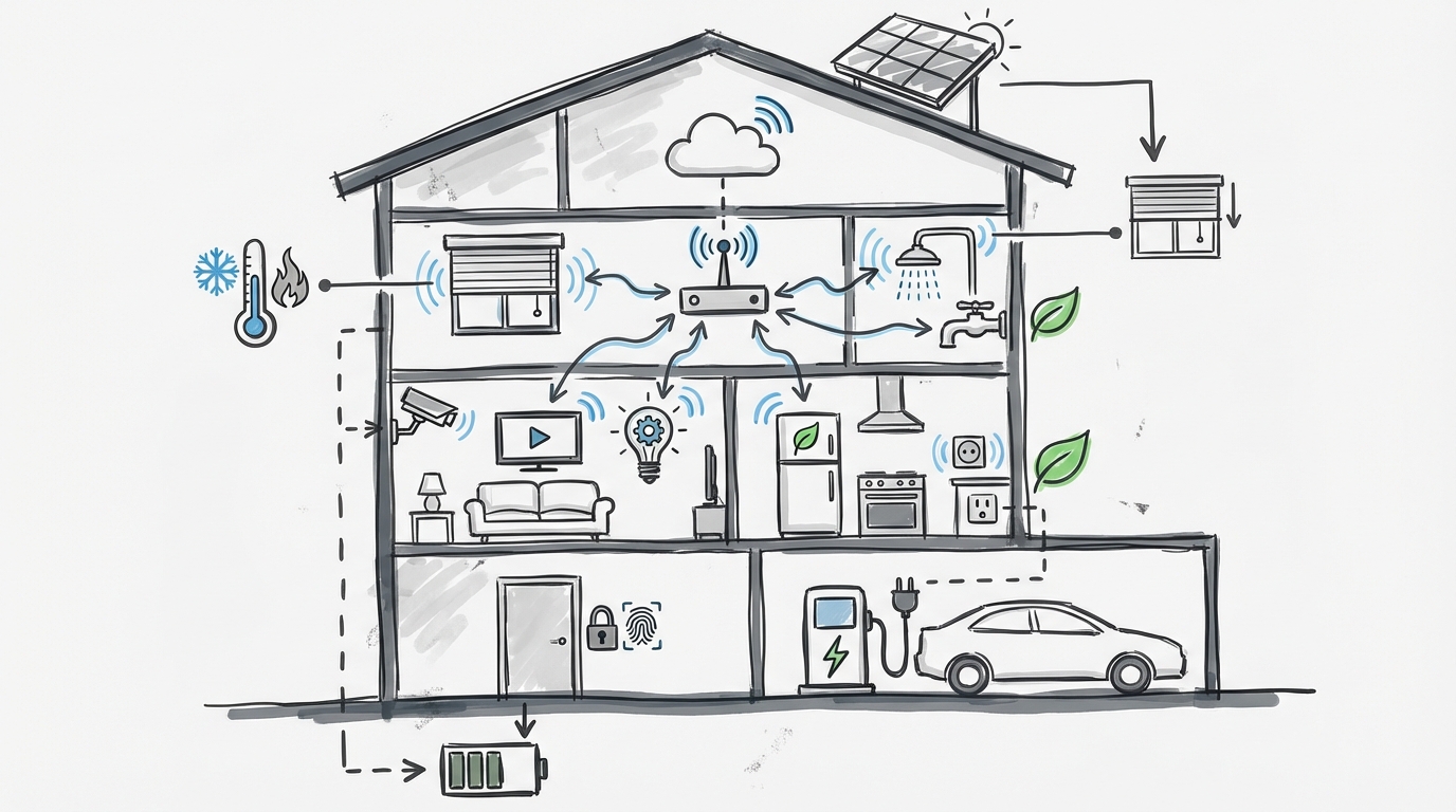 자바스크립트가 최첨단 스마트 홈의 모든 기기를 제어하는 모습을 보여주는 개념도