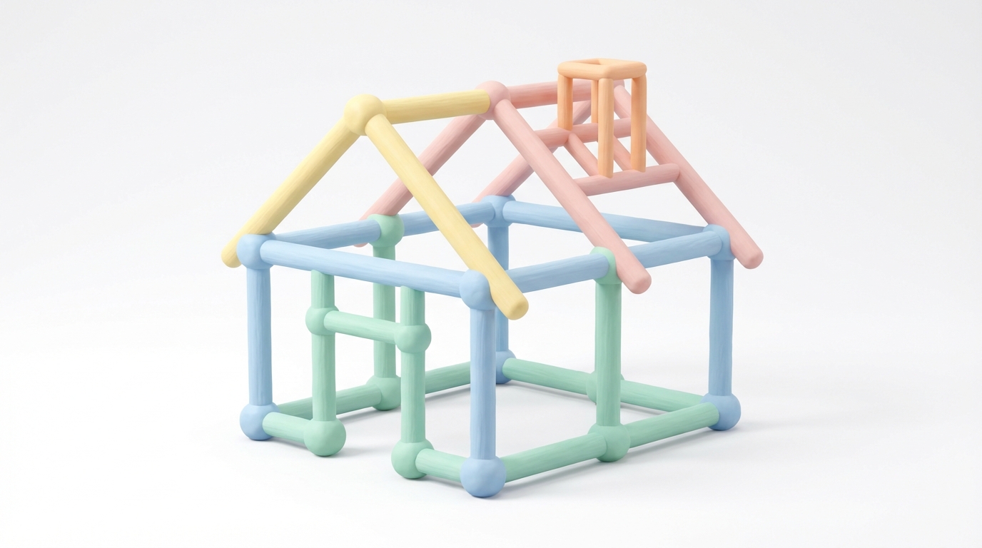 웹페이지의 뼈대인 HTML의 기본 구조를 미완성 건물 골조에 비유하여 보여주는 개념도